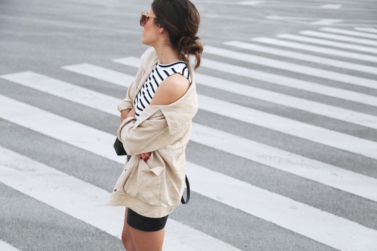 striped top x leather skirt