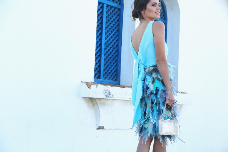 blue feathers cocktail dress